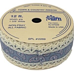 Blue Paisley & Lace Ribbon VTG WFR Town & Country 1 3/8" Trim Sewing Crafts 4 yd